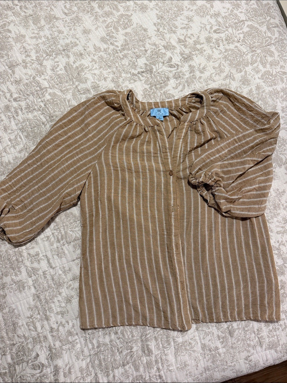 Boho Striped Puff Sleeve Button Front Blouse - Tan & White